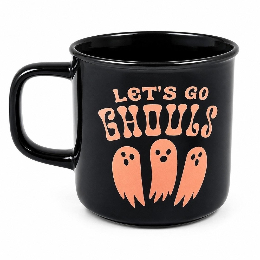 Happy Hauntings Let's Go Ghouls Halloween Black Stoneware Coffee Mug Ghost Cup